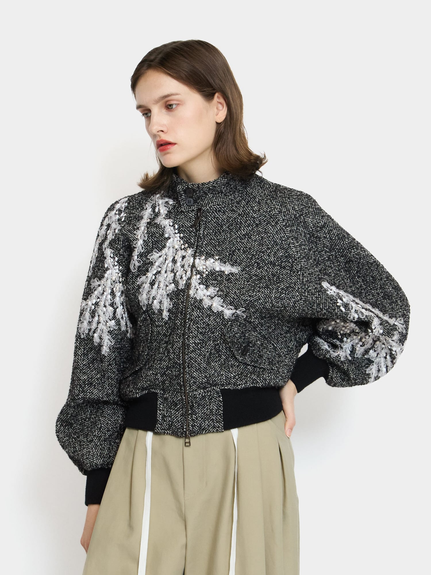 Embroidery Tweed Blouson BLACK