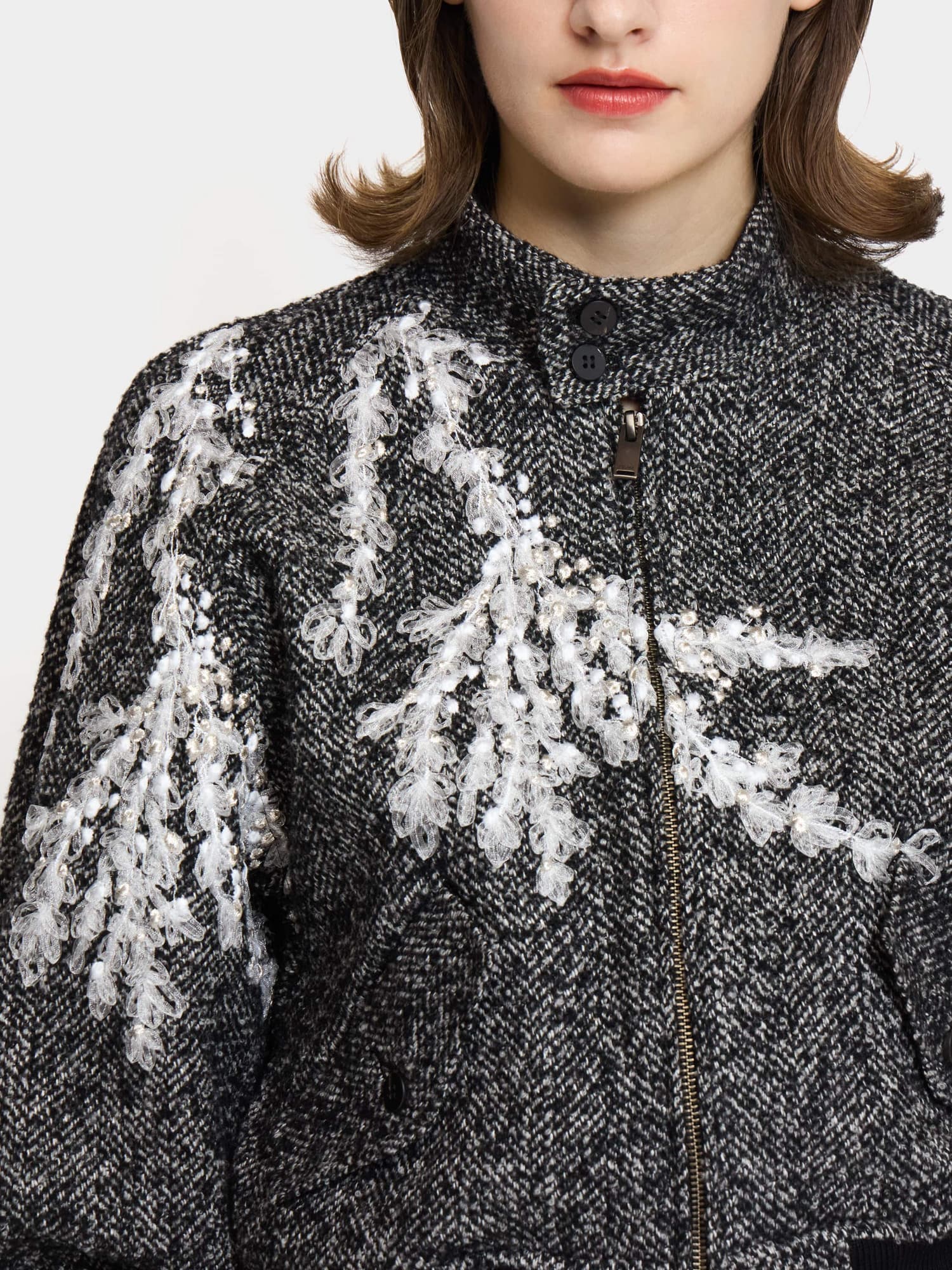 Embroidery Tweed Blouson BLACK